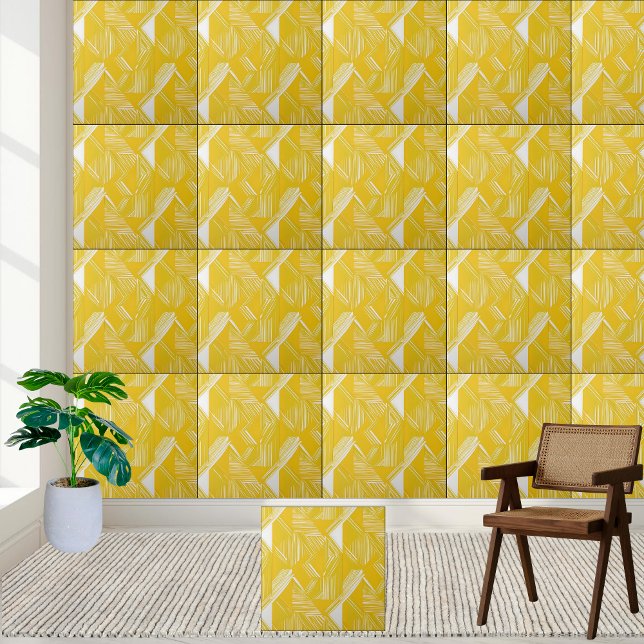 Geometric Yellow and White Line Pattern  Ceramic Tile (Geometric Yellow and White Line Pattern Ceramic Tile)