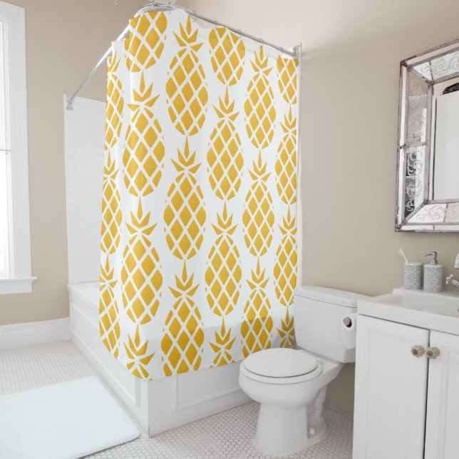 Geometric Yellow Big Pineapple Pattern Shower Curtain (In Situ)