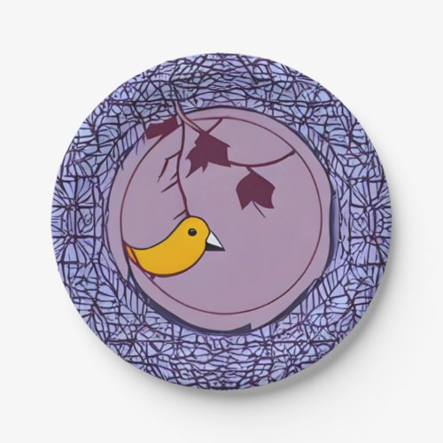 Geometric Yellow Bird in a Tree in Mauve  Paper Plates