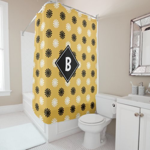 Geometric Yellow Black White Floral Monogrammed Shower Curtain