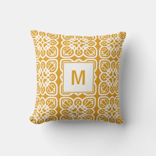 Geometric Yellow Boho Monogram Throw Pillow