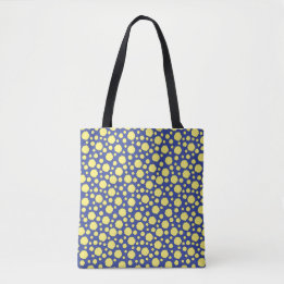 Geometric yellow circles on blue tote bag
