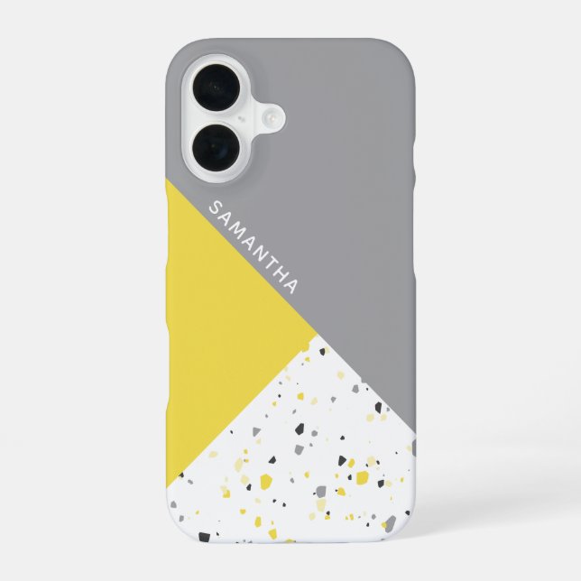 Geometric Yellow Grey Terrazzo Pattern with Name iPhone Case (Back)