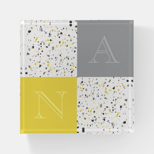 Geometric Yellow Grey Tiny Terrazzo Monogram Paperweight