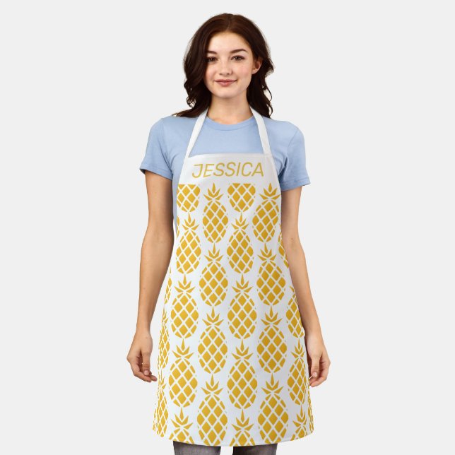 Geometric Yellow Pineapple Pattern Personalised Apron (Worn)