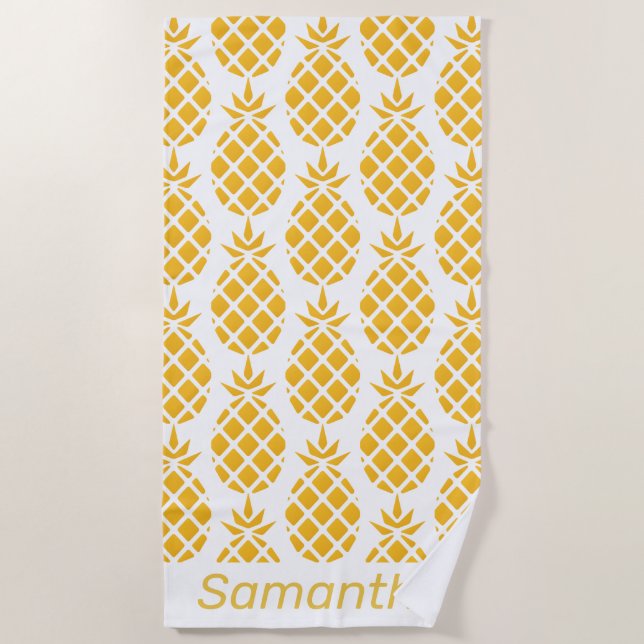 Geometric Yellow Pineapple Pattern Personalised Beach Towel (Front)
