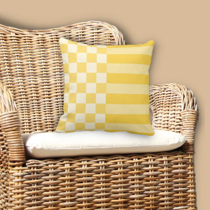 Geometric Yellow Stripes and Checkers Throw Pillow