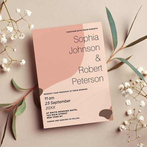 Geometrical abstract coral pink brown wedding  invitation