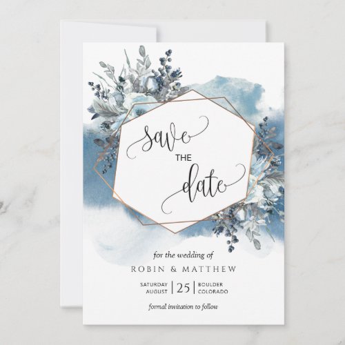 Geometrical Blue Watercolor and Blue Foliage Save The Date