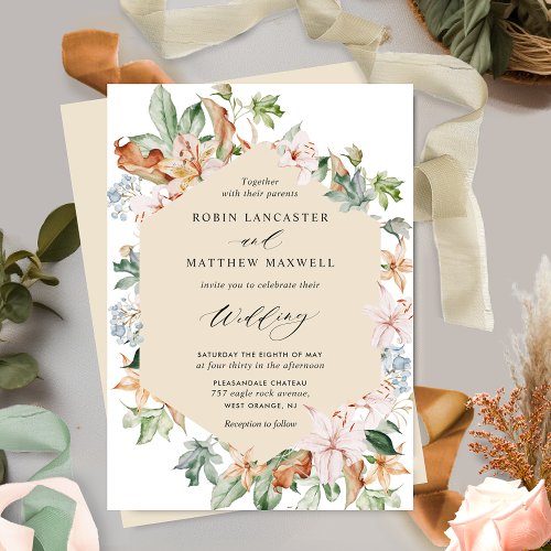 Geometrical Butter Beige and Earthy Blooms Wedding Invitation