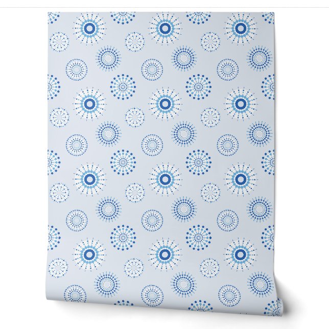 geometrical circular patterns in delicate blue wallpaper  (Unrolling)