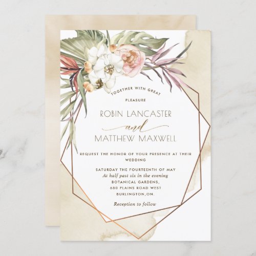 Geometrical Cream Green Tropical Leaves Wedding Invitation
