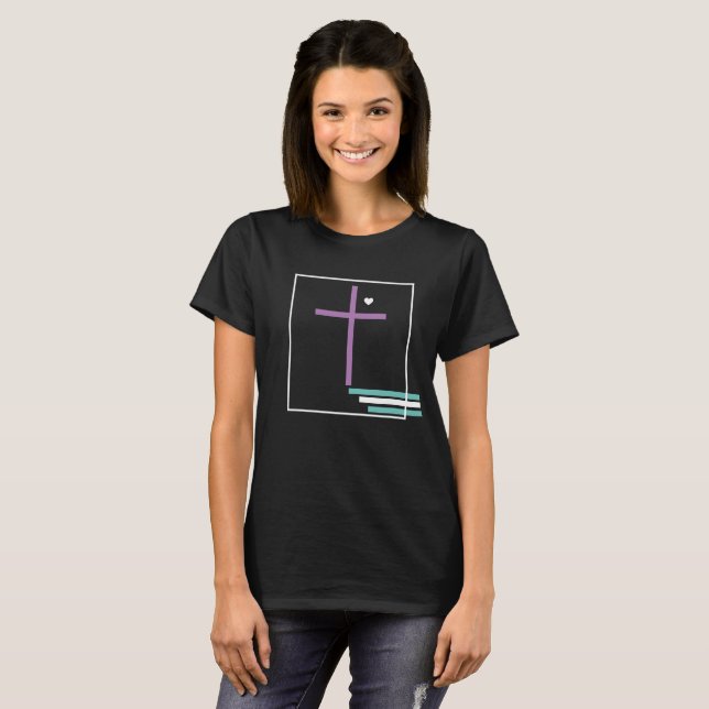 Geometrical Faith Cross Christian Purple Teal T-Shirt (Front Full)