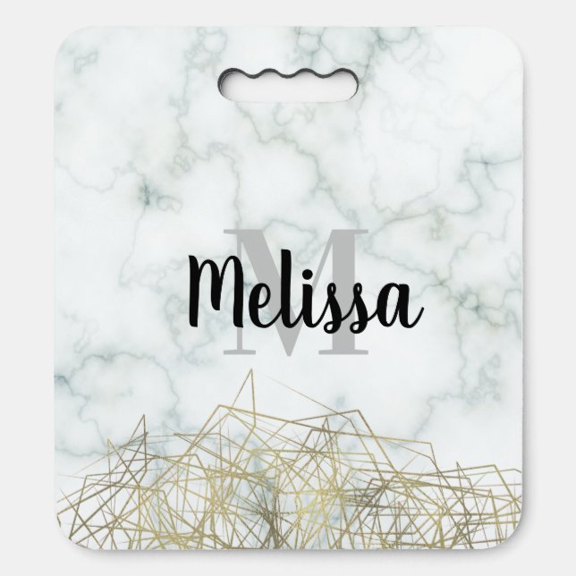 Geometrical Faux Gold Marble Pattern Initial Name Seat Cushion (Front Vertical)