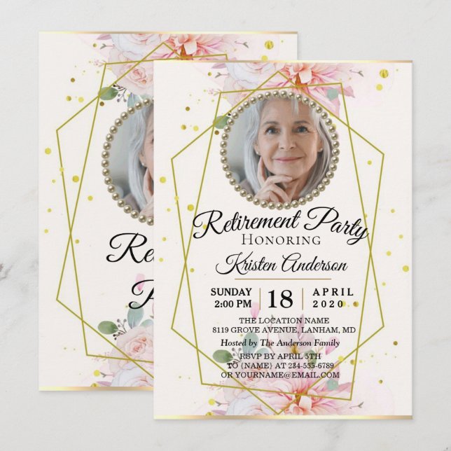 Geometrical Frame Floral Retirement Party Invitation (Front/Back)