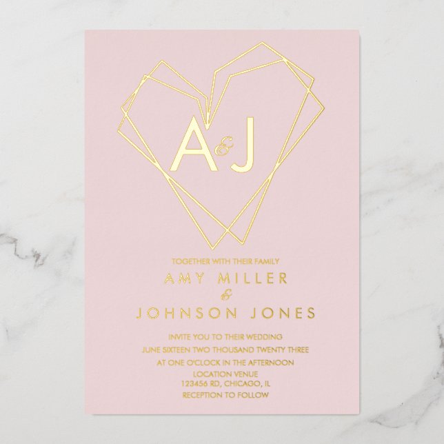 Geometrical Hearts Wedding Pressed  Foil Invitation (Front)