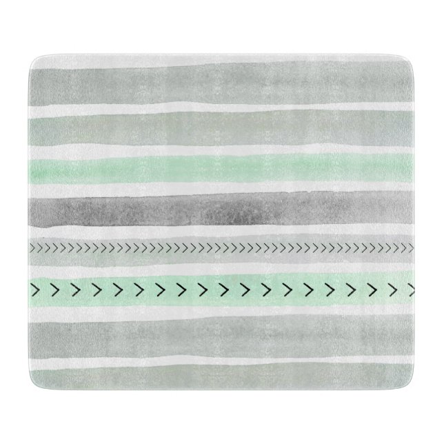 Geometrical Mint Green Gray Watercolors Stripes Cutting Board (Front)
