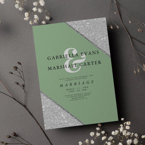 Geometrical mint silver ampersand glitter wedding invitation