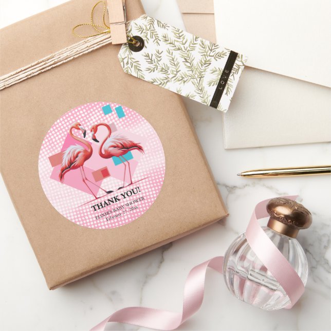 Geometrical Modern Flamingo Baby Shower Classic Round Sticker (Gifting)