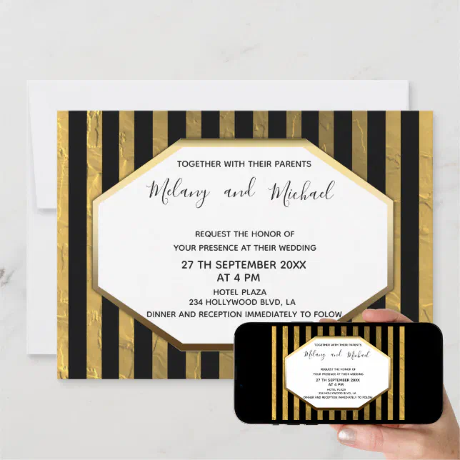 Geometrical modern luxury gold/ black stripes invitation Zazzle