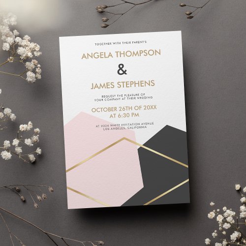 Geometrical modern pink white gray gold wedding invitation