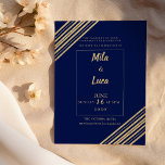 Geometrical navy blue gold typography Wedding Invitation