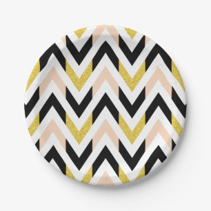 Geometrical Peachy Pink, Gold, Black Pattern Paper Plates