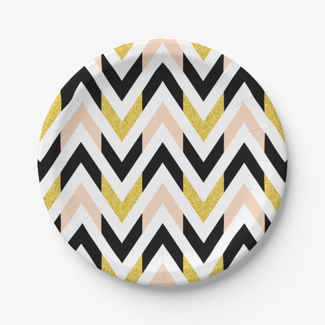 Geometrical Peachy Pink, Gold, Black Pattern Paper Plates (Front)