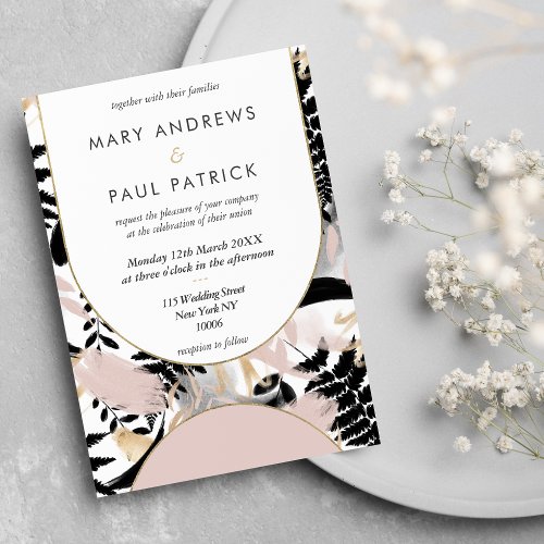 Geometrical pink black white gold floral Wedding Invitation