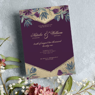 Geometrical purple gold watercolor floral wedding invitation