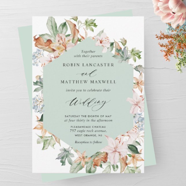 Geometrical Sage Green and Earthy Blooms Wedding Invitation (Creator Uploaded)