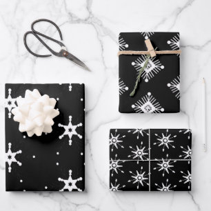 Geometrical Snowflakes Christmas Black White Wrapping Paper Sheets