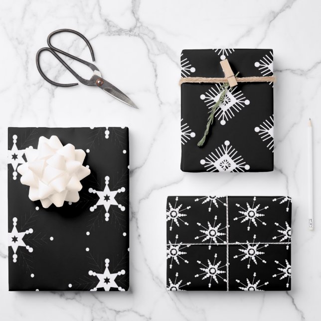 Geometrical Snowflakes Christmas Black White Wrapping Paper Sheets (Front)