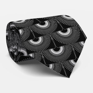 Geometrical swan flying bird pattern black white neck tie