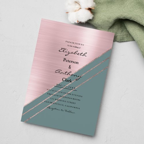 Geometrical teal rose gold metallic pink Wedding Invitation