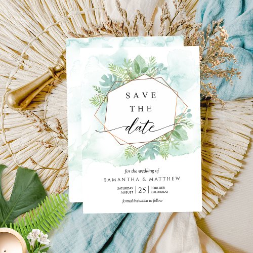 Geometrical Turquoise Blue and Green Greenery Save The Date