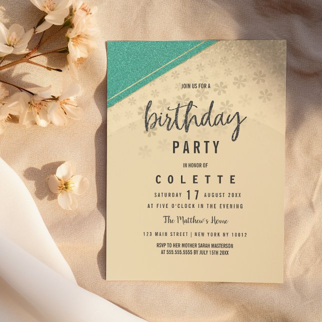 Geometrical  turquoise gold floral Birthday Party  Invitation (Geometrical turquoise gold floral Birthday Party)