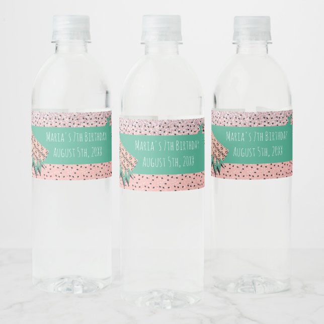 Geometrical Watermelon Slice Pink Birthday Party Water Bottle Label (Bottles)