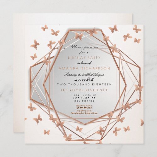 Geometry Cooper Party Silver Gray Pearly Butterfly Invitation