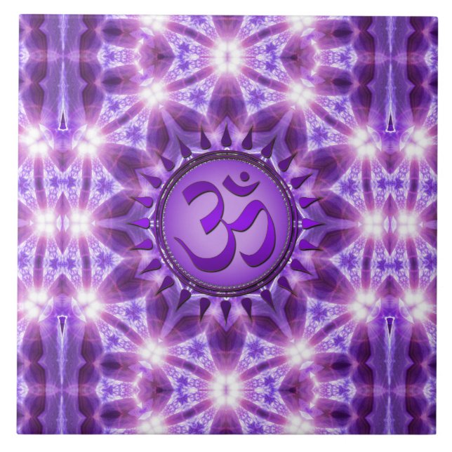 Geometry Energy Purple Om Mandala Ceramic Tile (Front)