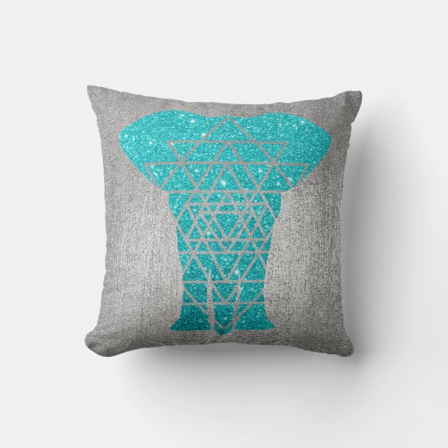 Geometry Gray Silver Ocean Glitter Elephant Throw Pillow (Front)