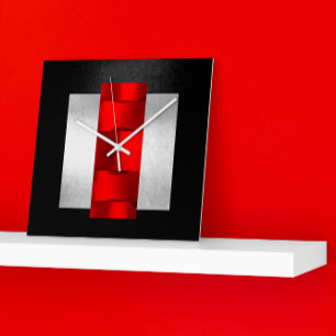 Geometry Modern Red Gray Silver Black Oriental VIP Square Wall Clock