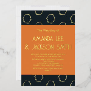 Geometry Play Dark Navy and Orange Wedding Foil In Invitation