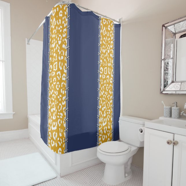Geopard, navy blue, white, mustard yellow,stitched shower curtain (In Situ)