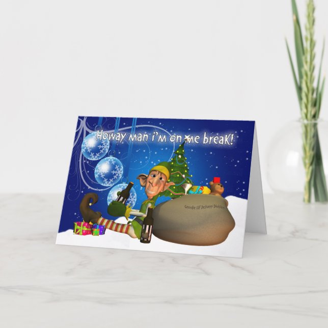 Geordie Christmas Card Elf Drinking Newcie Brown (Front)