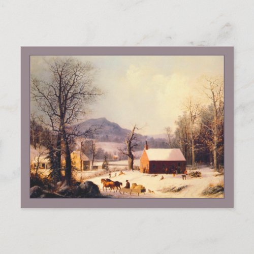 George Henry Durrie Red School House Winter Postcard