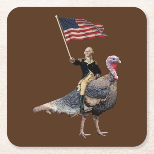 George Washington Riding A Turkey Thanksgiving Square Paper Coaster