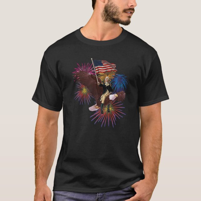 George Washington Riding an Eagle with a Flag 4th  T-Shirt (Front)