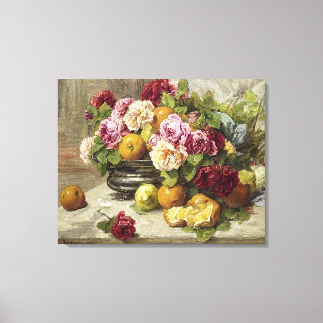 Georges Jeannin Still Life of Roses and Fruit Canvas Print (Front)