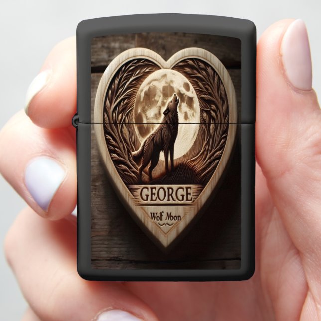 George's Wolf Moon Carving Zippo Lighter (In Hand)